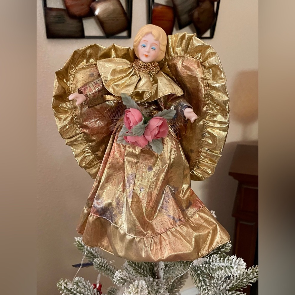 Vintage Gold Angel Tree Topper with Pink Roses